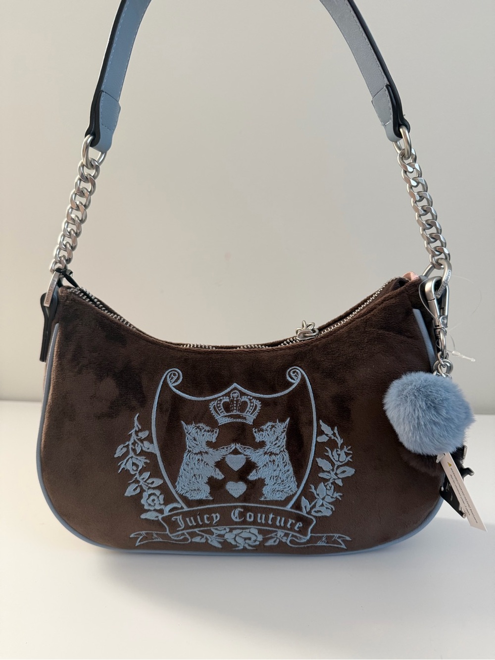 Juicy Couture Brown Suede Shoulder Bag with Light Blue Trim and Pom-Pom